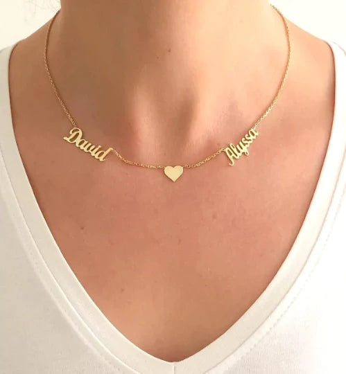 Womens - PREORDER: Custom Two Name Necklace With Heart In Three Colors