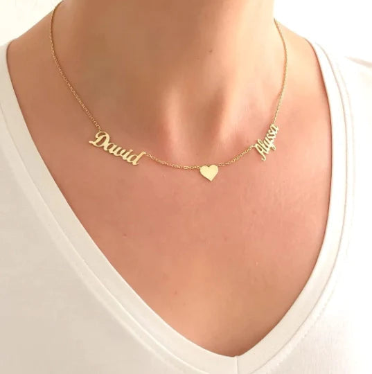 Womens - PREORDER: Custom Two Name Necklace With Heart In Three Colors