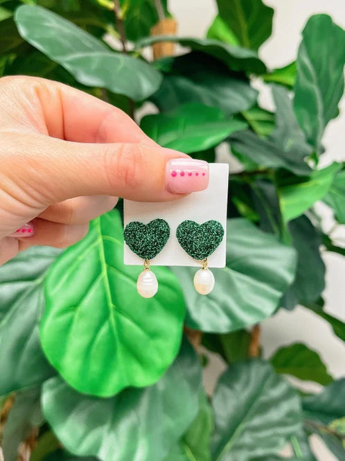 Womens - PREORDER: Glitter Heart Pearl Drop Earrings In Two Colors