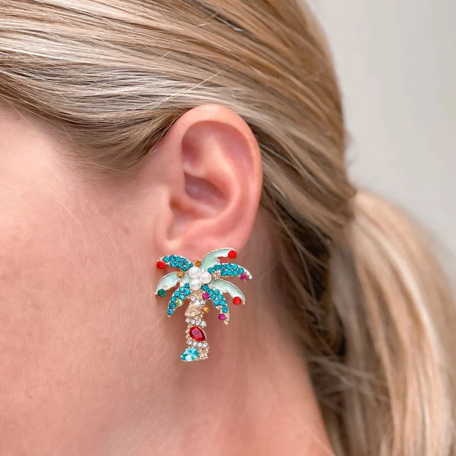 Womens - PREORDER: Holiday Jewel & Pearl Palm Tree Stud Earrings
