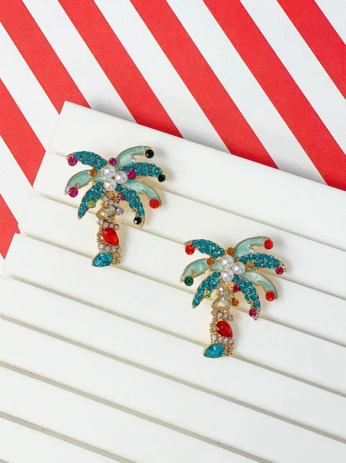 Womens - PREORDER: Holiday Jewel & Pearl Palm Tree Stud Earrings