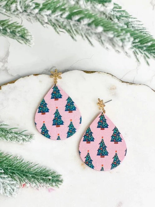 Womens - PREORDER: Pink Oval Christmas Tree Dangle Earrings