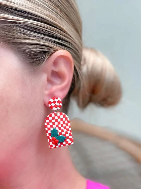 Womens - PREORDER: Red & White Checkered Clay Dangle Earrings