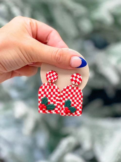 Womens - PREORDER: Red & White Checkered Clay Dangle Earrings