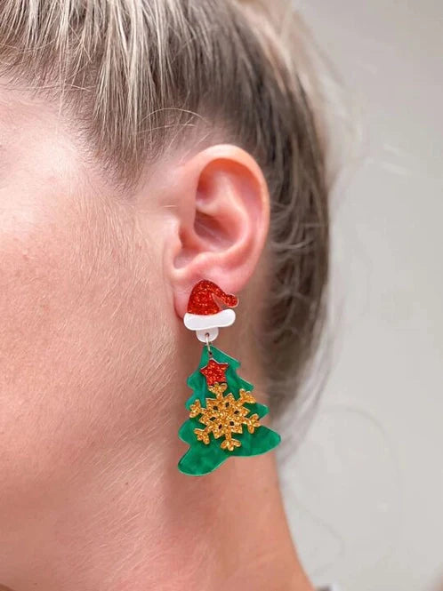 Womens - PREORDER: Santa Hat Glitter Resin Christmas Tree Dangles