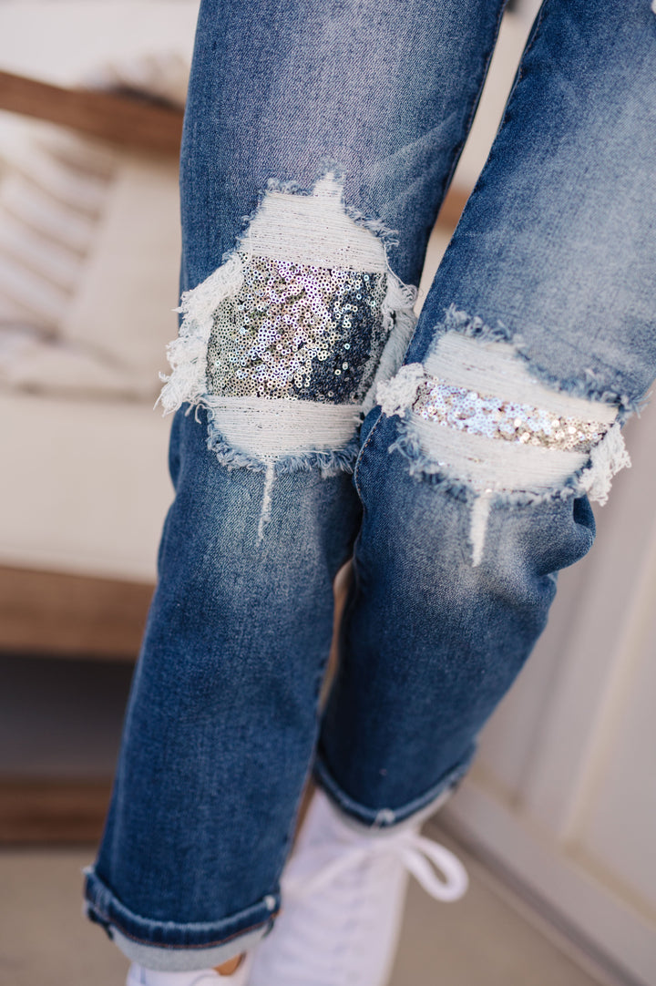 Womens - Suki Mid Rise Sequin Patch Tapered Jeans