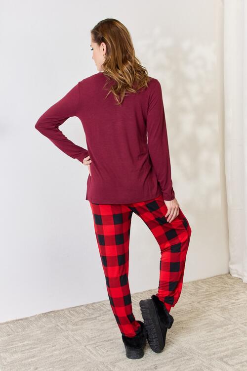 Zenana Full Size Plaid Round Neck Top And Pants Pajama Set