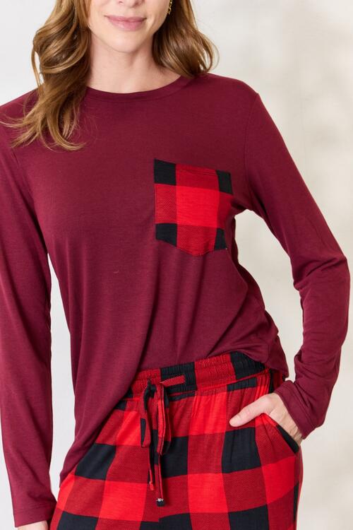 Zenana Full Size Plaid Round Neck Top And Pants Pajama Set