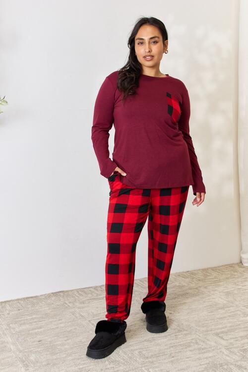 Zenana Full Size Plaid Round Neck Top And Pants Pajama Set