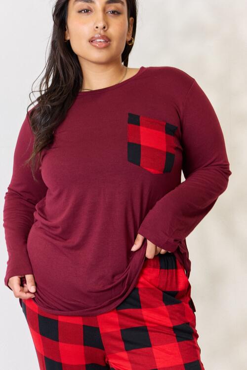Zenana Full Size Plaid Round Neck Top And Pants Pajama Set