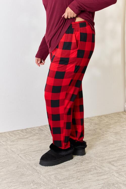 Zenana Full Size Plaid Round Neck Top And Pants Pajama Set