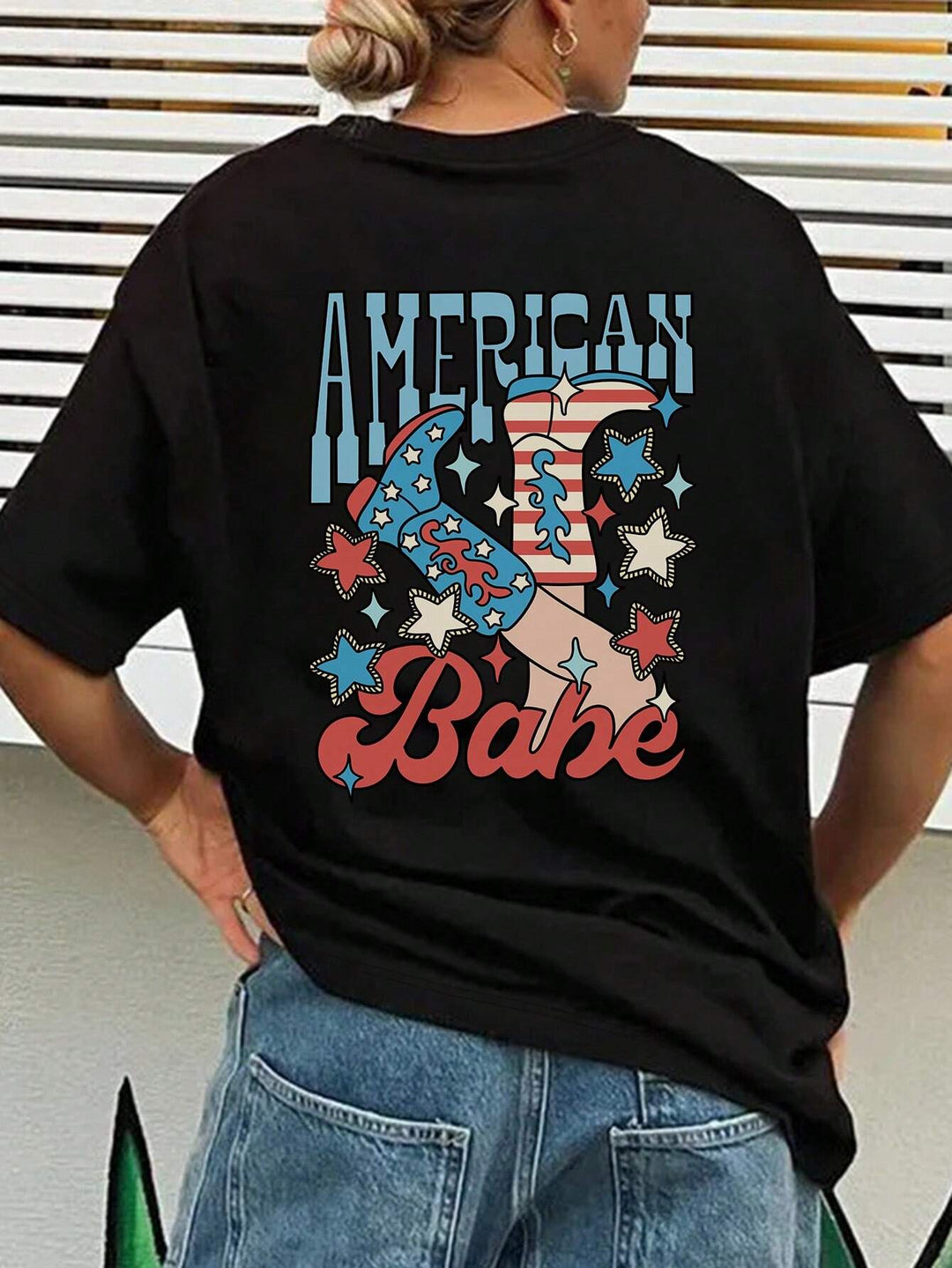 American Babe Cowgirl Boots Graphic Round Neck Half Sleeve T-Shirt