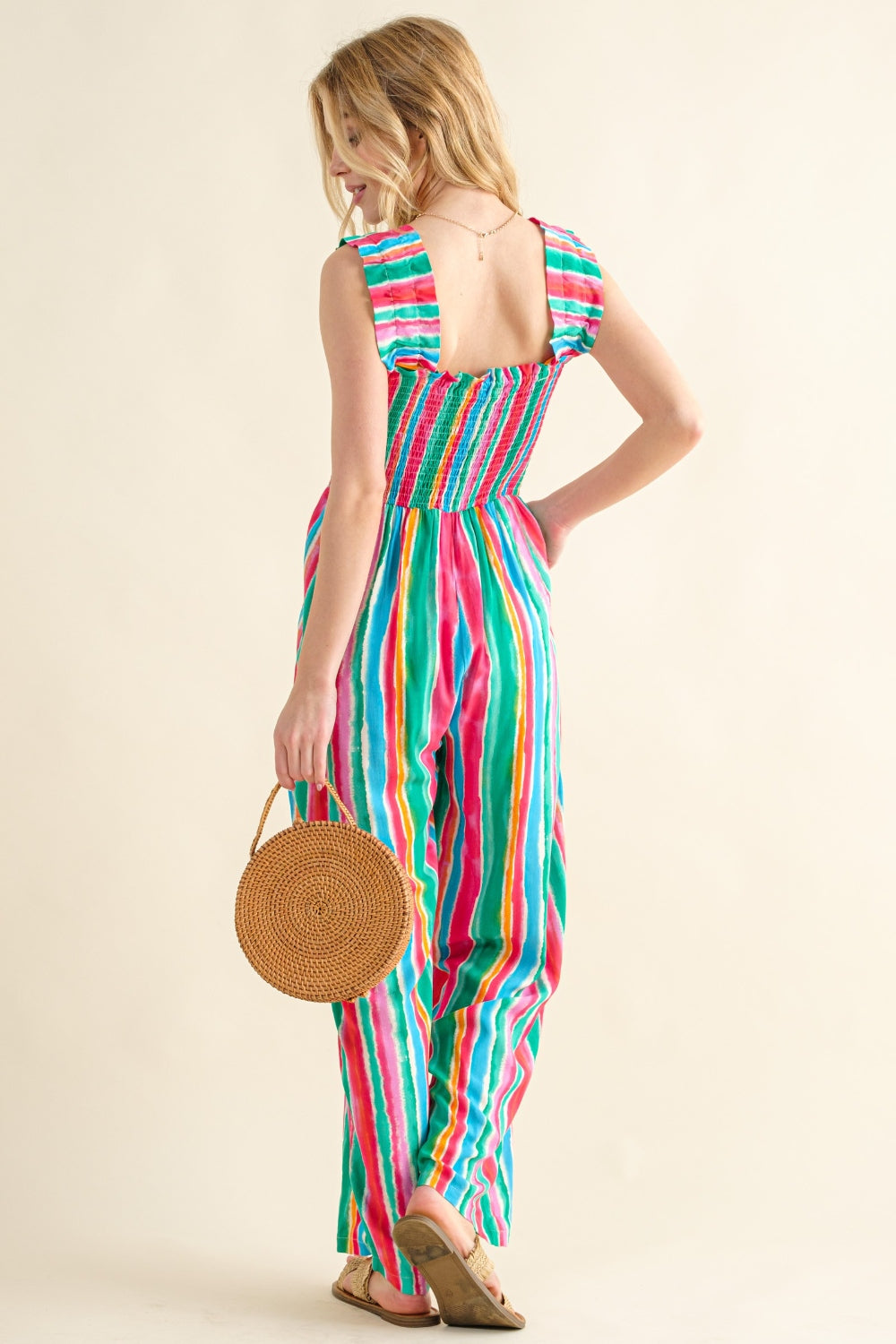 And The Why Full Size Striped Smocked Sleeveless Jumpsuit-Ever Joy