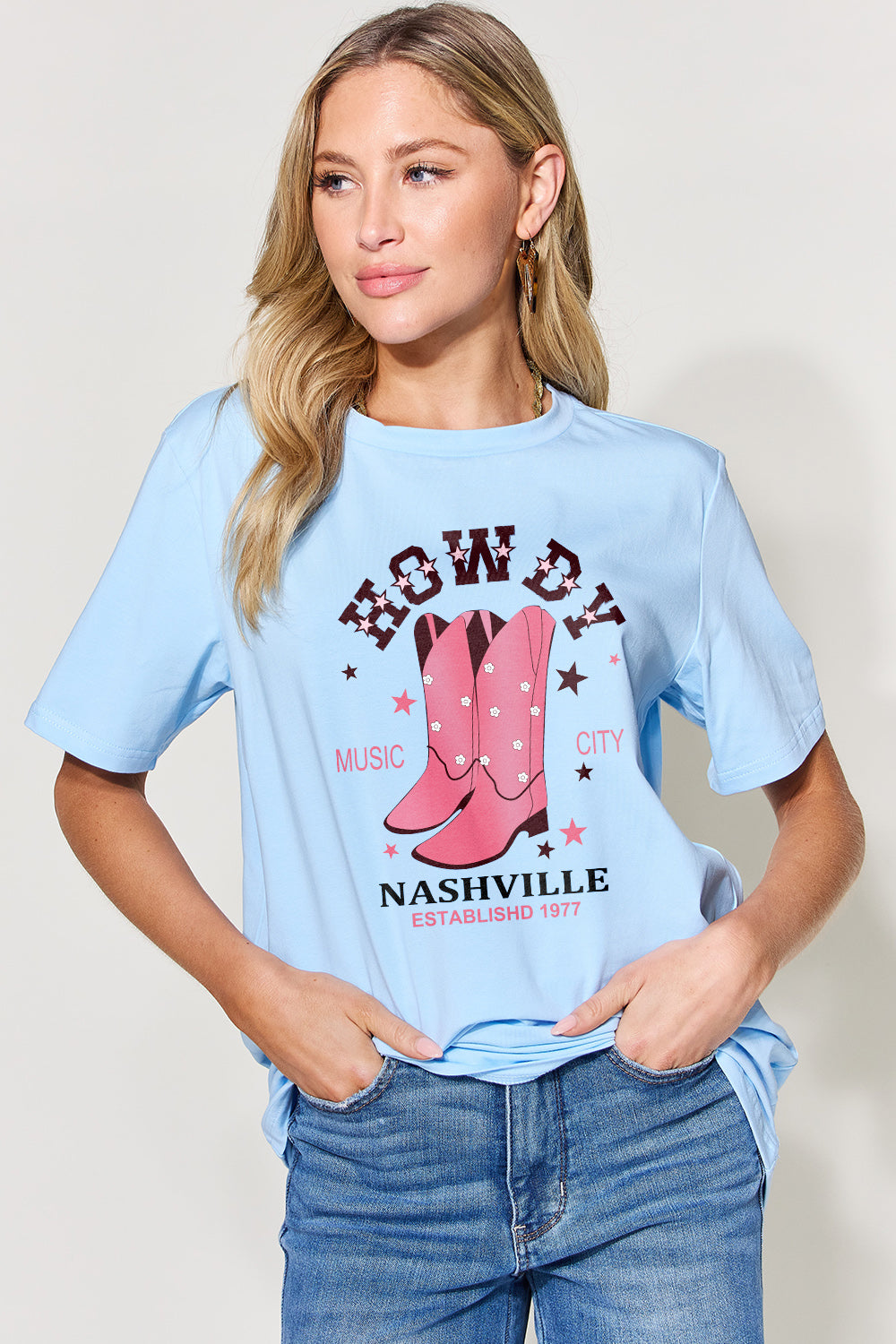 Simply Love Full Size Howdy Nashville Cowboy Boots Graphic Round Neck Short Sleeve T-Shirt