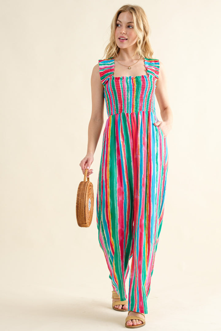 And The Why Full Size Striped Smocked Sleeveless Jumpsuit-Ever Joy
