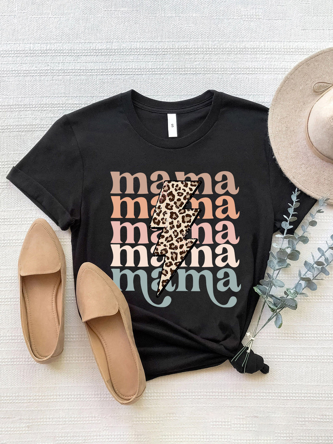 MAMA Leopard Lightning Bolt Round Neck Short Sleeve T-Shirt