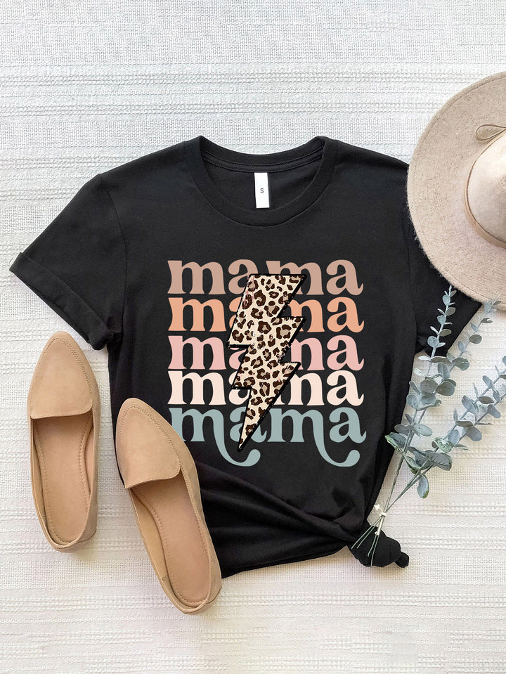 MAMA Leopard Lightning Bolt Round Neck Short Sleeve T-Shirt