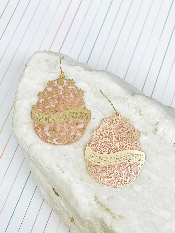 PREORDER: Blooming Floral Happy Easter Egg Dangle Earrings in Two Colors