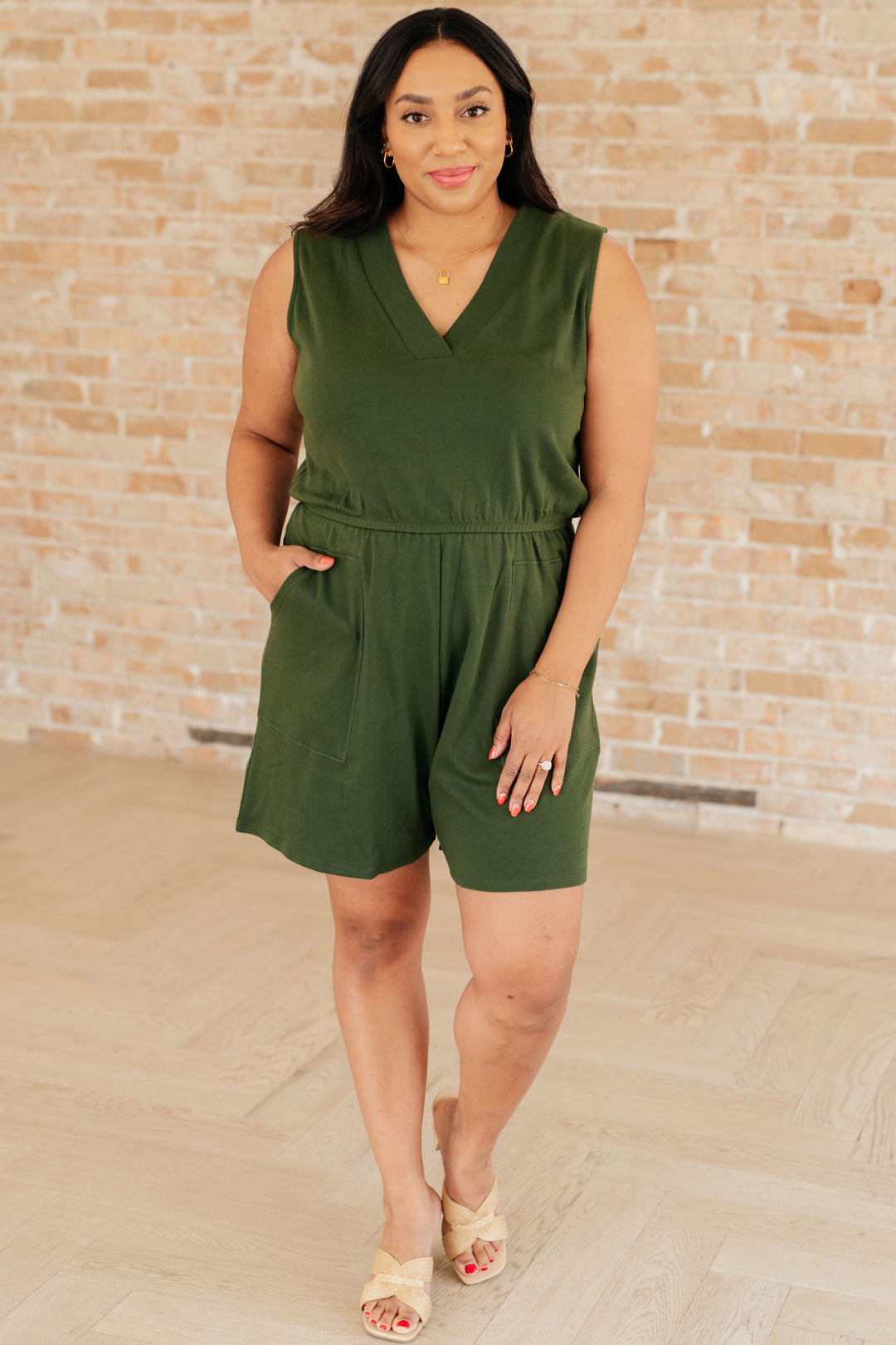 Sleeveless V-Neck Romper in Army Green