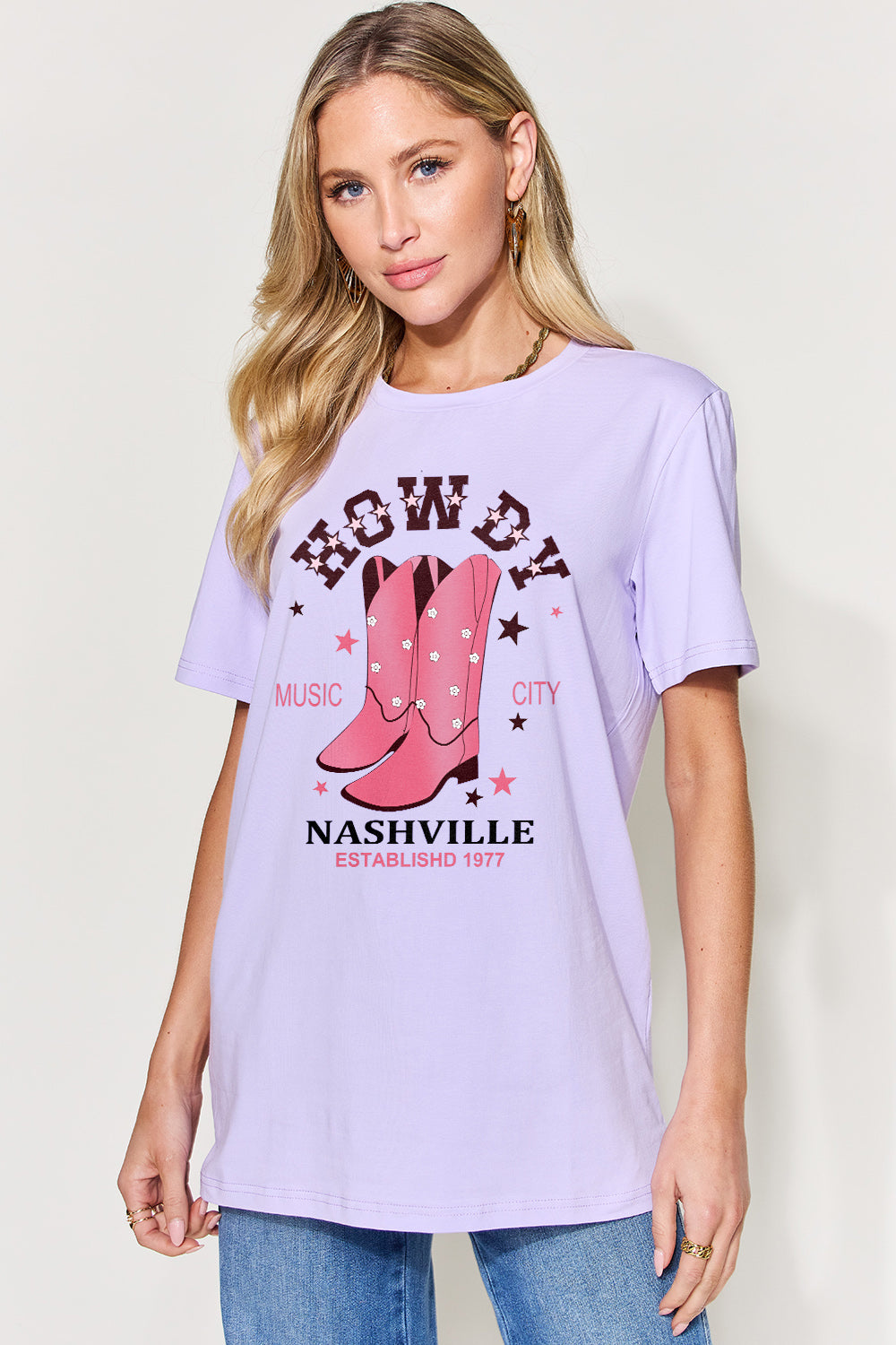 Simply Love Full Size Howdy Nashville Cowboy Boots Graphic Round Neck Short Sleeve T-Shirt