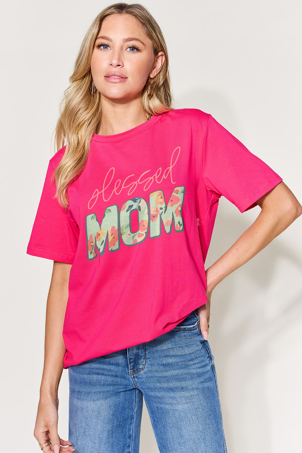 Simply Love Full Size Blessed Mom Floral Graphic Round Neck Short Sleeve T-Shirt