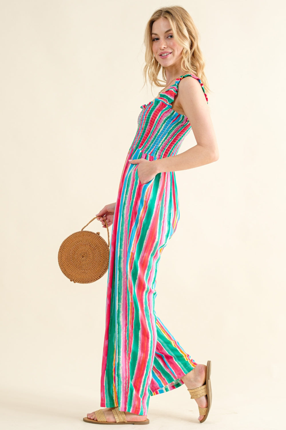 And The Why Full Size Striped Smocked Sleeveless Jumpsuit-Ever Joy