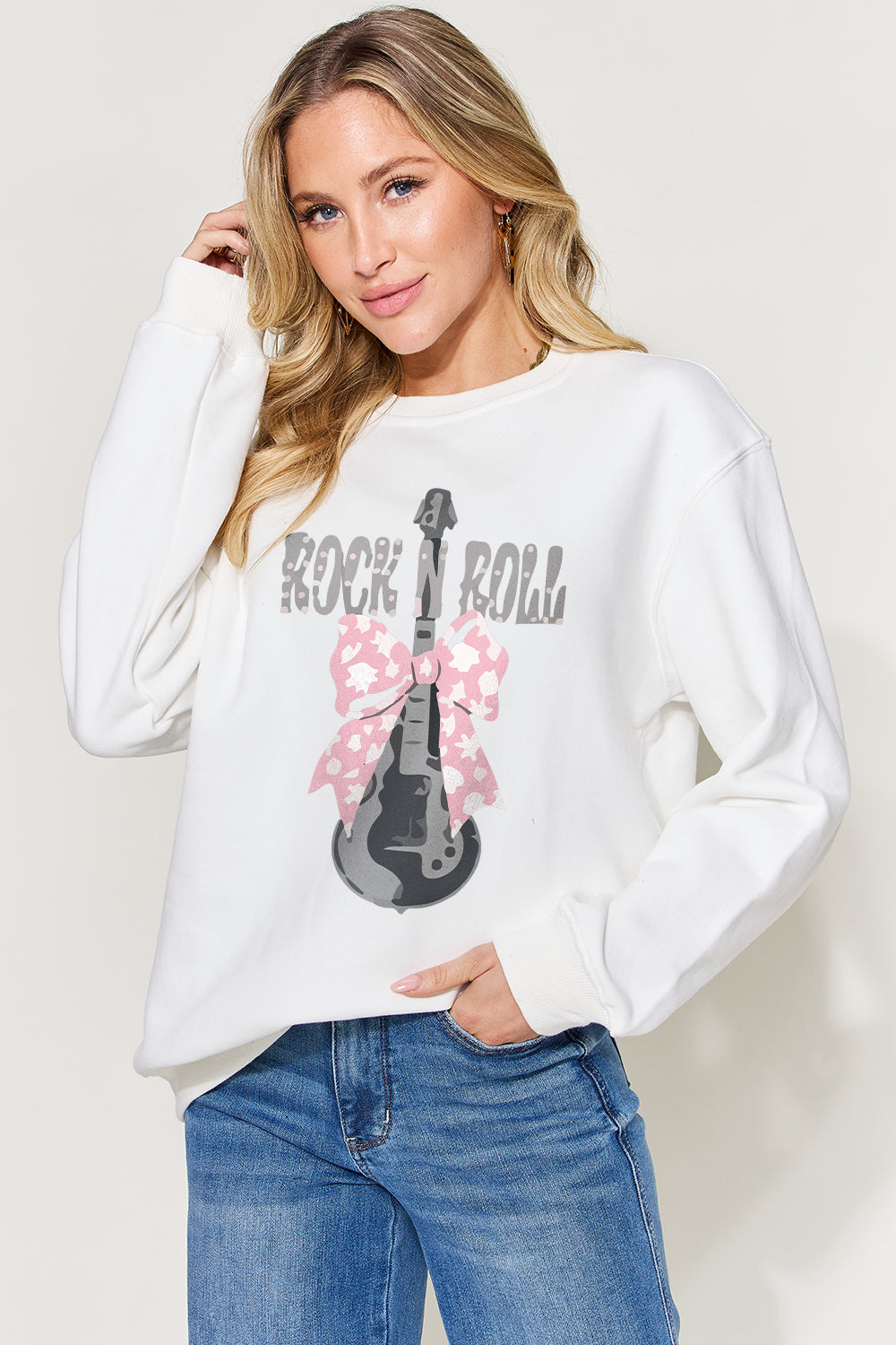 Simply Love Full Size Rock N Roll Guitar With a Bow Graphic Long Sleeve Sweatshirt