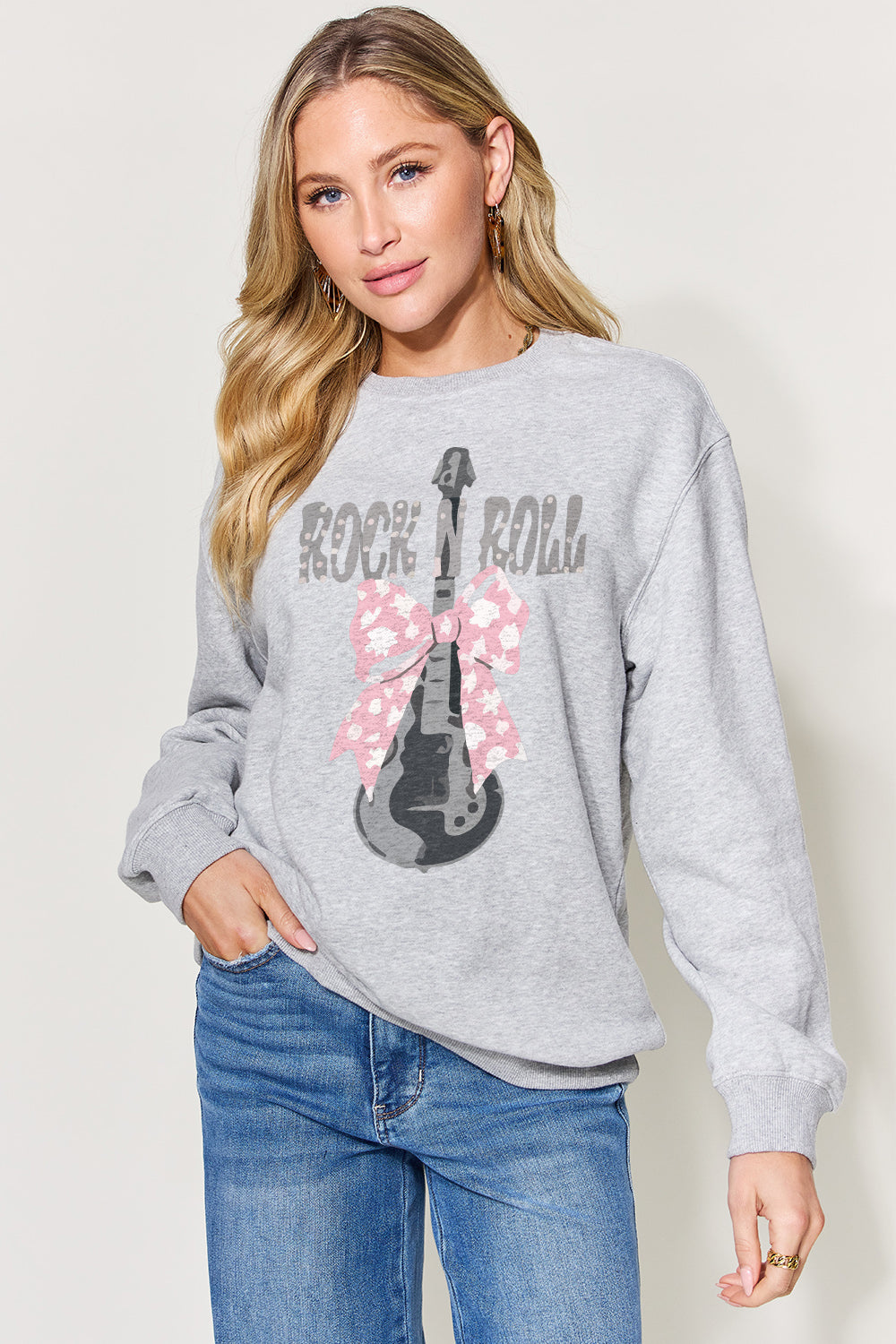 Simply Love Full Size Rock N Roll Guitar With a Bow Graphic Long Sleeve Sweatshirt