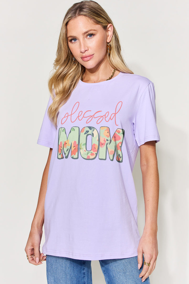 Simply Love Full Size Blessed Mom Floral Graphic Round Neck Short Sleeve T-Shirt